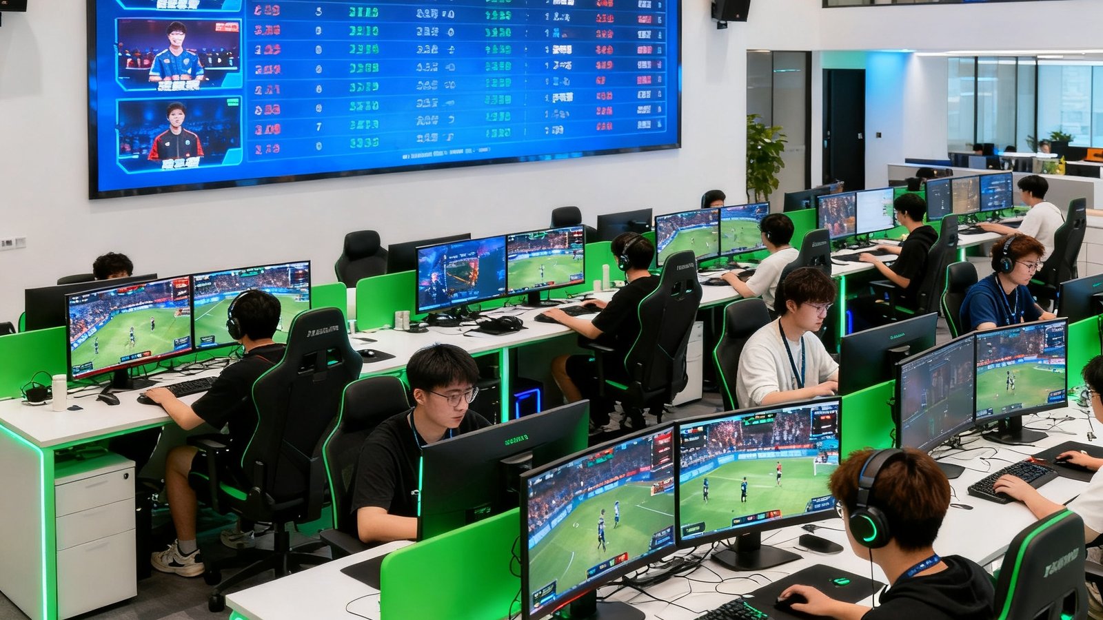 虎扑电竞上海办公室内景，数十位年轻的内容创作者坐在开放式工位上，墙面上悬挂着巨大的电子屏幕实时滚动着各赛区比赛数据，办公桌上摆放着多个显示器展示着不同的赛事直播画面，整个空间充满专注而活跃的工作氛围。